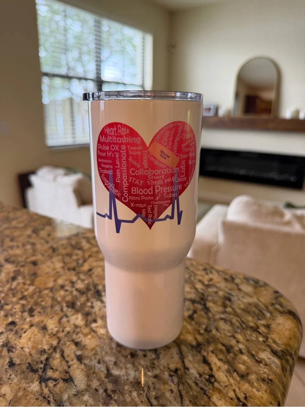 White Heart-Graphic Insulated Tumbler with Pink Heart and Blue EKG Accent